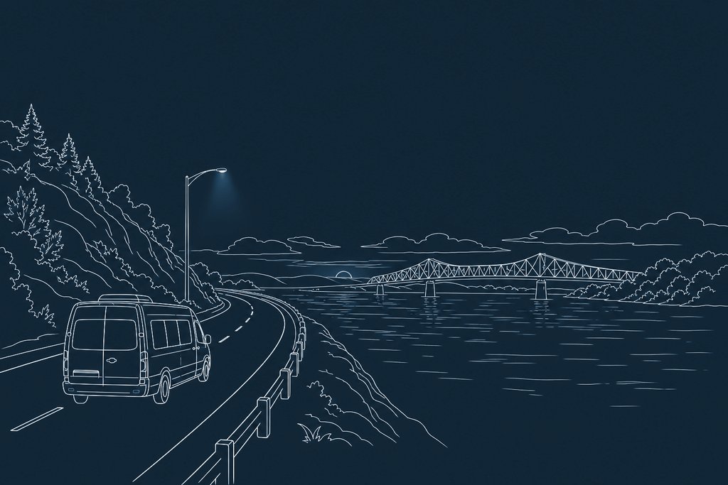 Line drawing of a touring van on a lakeside highway at dusk with a stretch of water and a distant bridge