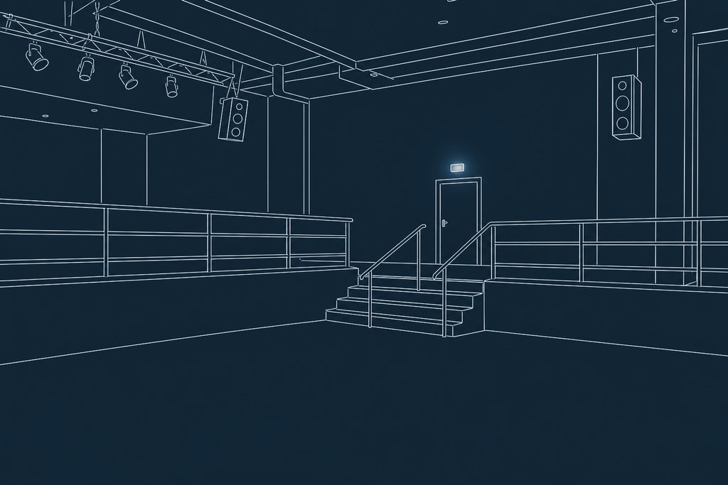Line drawing of a railing and a short flight of steps between two tiers of an empty concert room