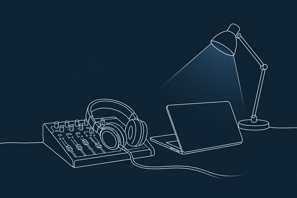 Line drawing of a pair of headphones resting on a mixer beside a laptop and a small desk lamp