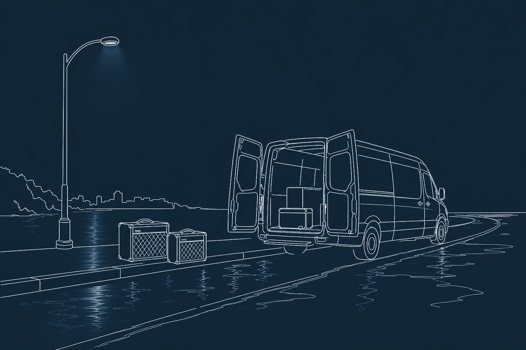 Line drawing of a touring van with its rear doors open beside a stack of amplifiers under a street lamp