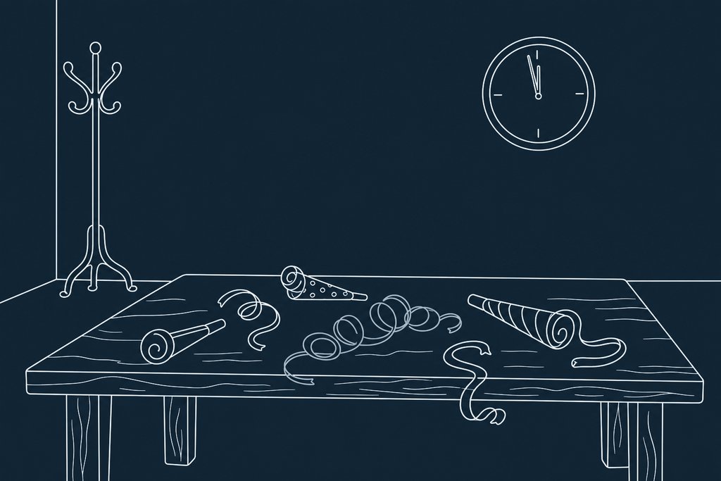 Line drawing of a table set with paper party horns and streamers under a wall clock near midnight