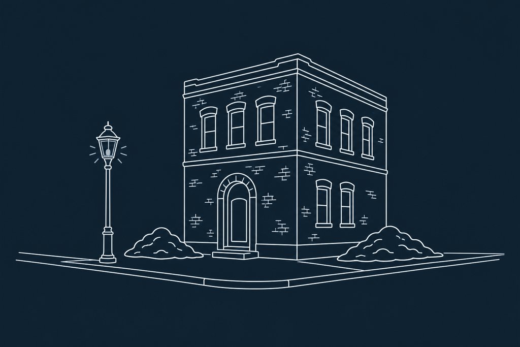 Line drawing of a brick corner building with a blank hanging sign above a narrow street-level door