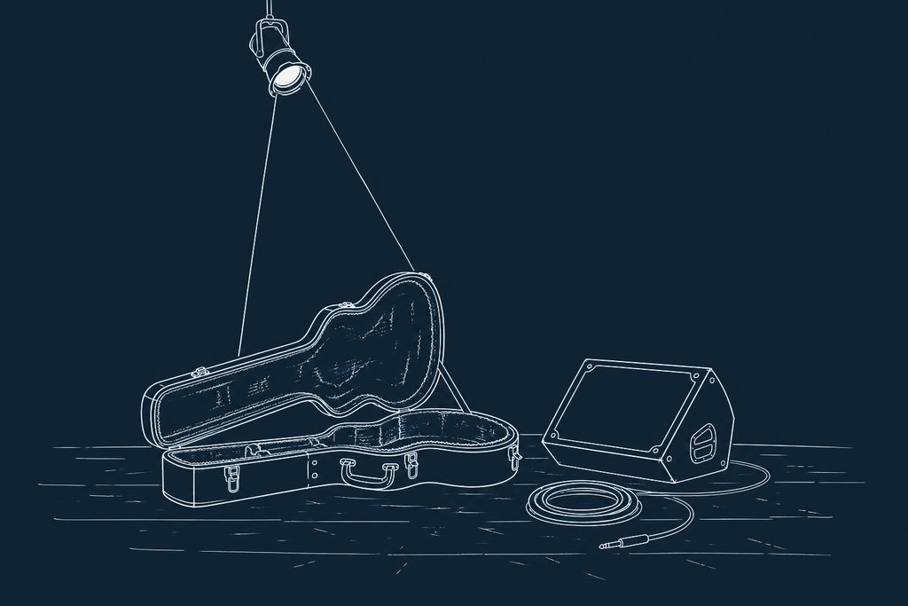 Line drawing of a battered guitar case standing open beside a monitor wedge and a coiled cable