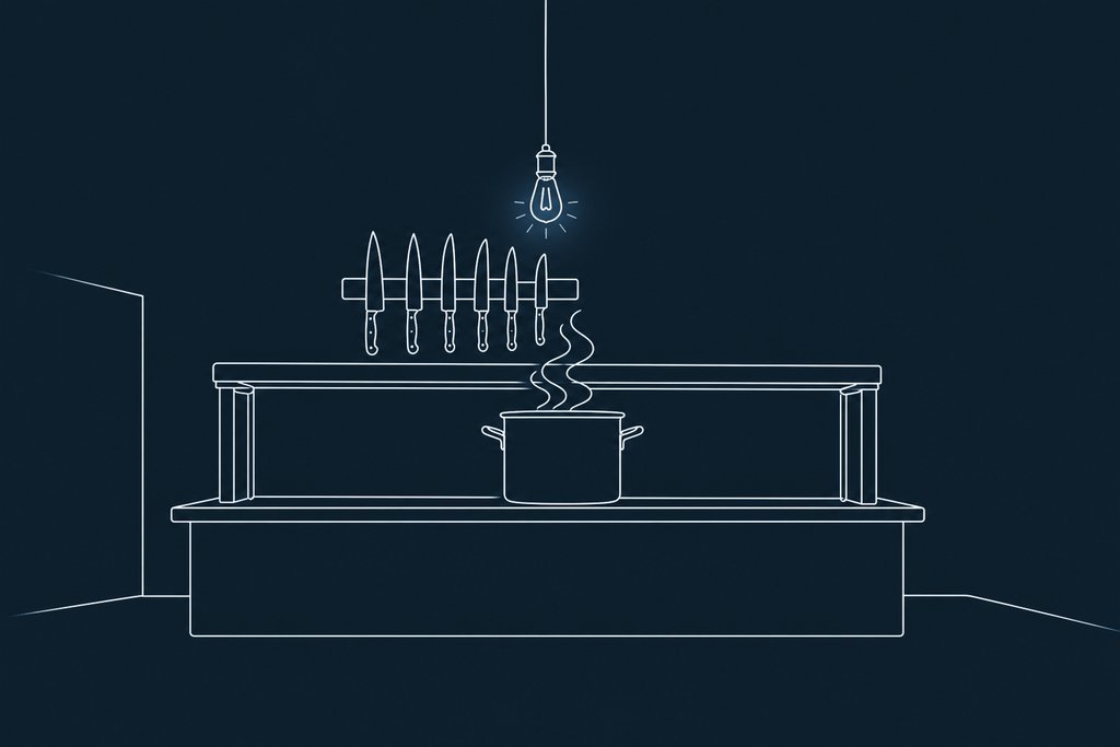 Line drawing of a kitchen pass with a row of chef's knives on a magnetic strip and a single steaming pot