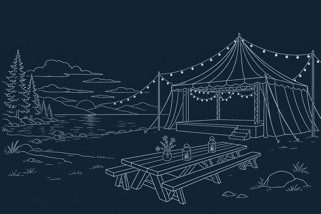 Line drawing of a large striped tent beside a lake shore at dusk with string lights and an empty stage