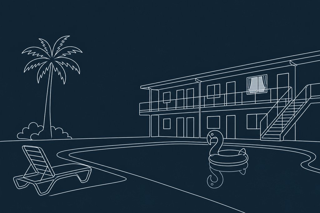 Line drawing of a motel swimming pool at night with an empty lounge chair, a palm tree and an inflatable flamingo