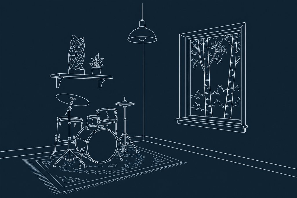 Line drawing of a wooden owl carving on a shelf above a small drum kit in a rehearsal room