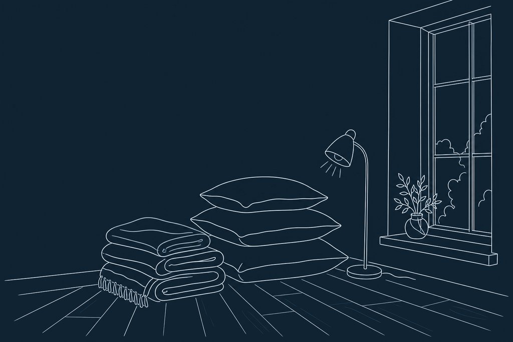 Line drawing of folded blankets and pillows stacked on a wooden floor beside a reading lamp and a tall window
