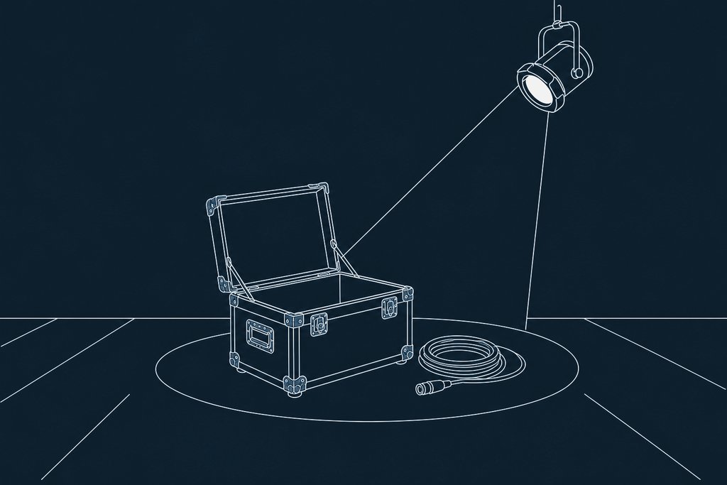 Line drawing of an open road case with brass corners beside a coiled cable on a bare stage under one spotlight