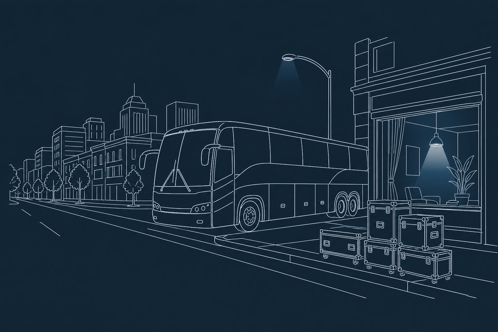 Line drawing of a tour bus parked on a quiet street beside a stack of road cases