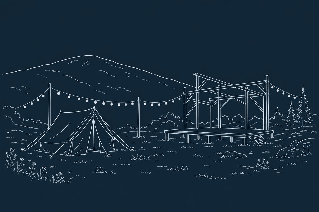 Line drawing of a tent pitched in a meadow beside a wooden stage frame under a string of lamps
