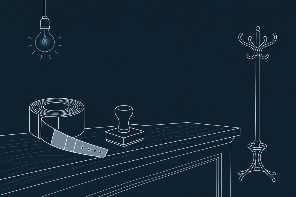 Line drawing of a roll of paper wristbands and a rubber stamp on a wooden counter beside a coat rack