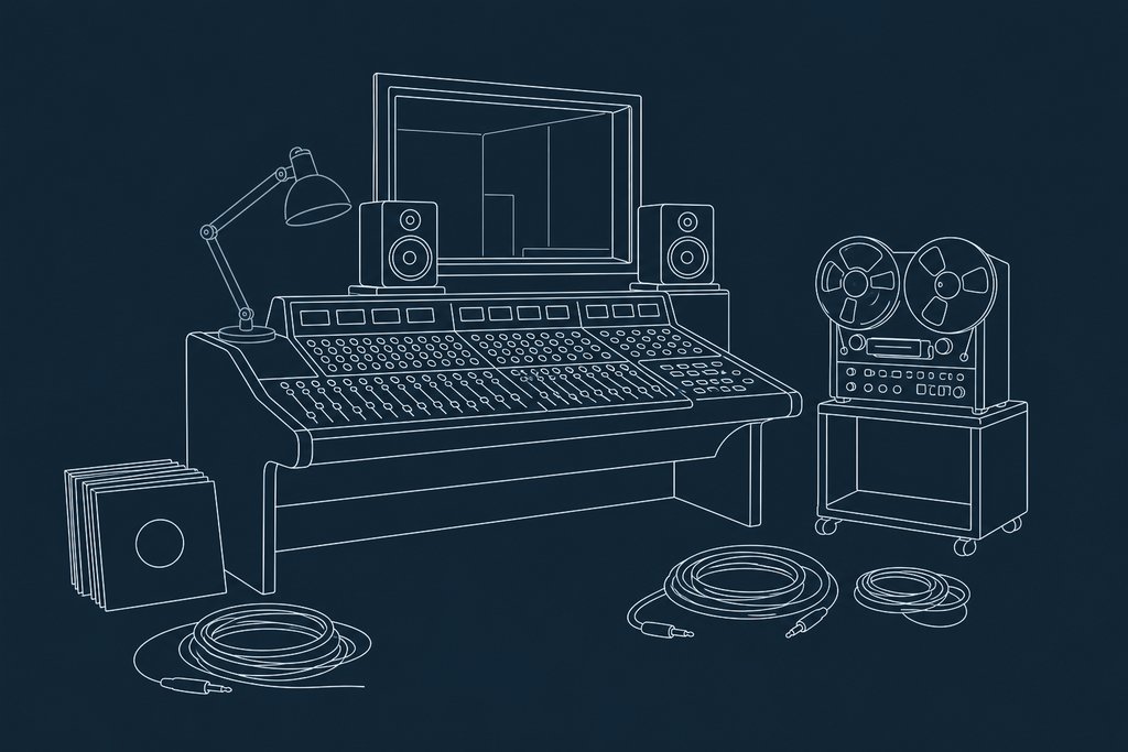 Line drawing of a small recording studio with a mixing desk, a reel-to-reel tape machine and coiled cables under one lamp
