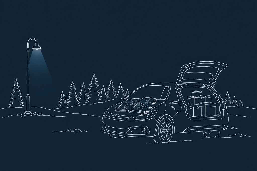 Line drawing of a tour van and a road atlas open on its bonnet beside a stack of cases under a street lamp