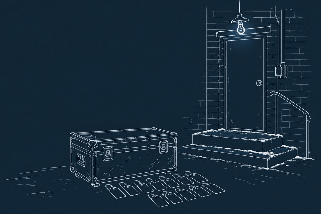 Line drawing of a battered flight case covered in luggage tags beside a snow-dusted stage door
