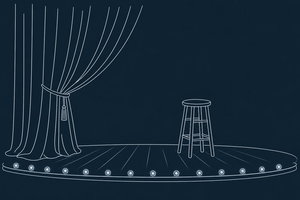 Line drawing of a velvet stage curtain half drawn, with a row of empty footlights and a single stool