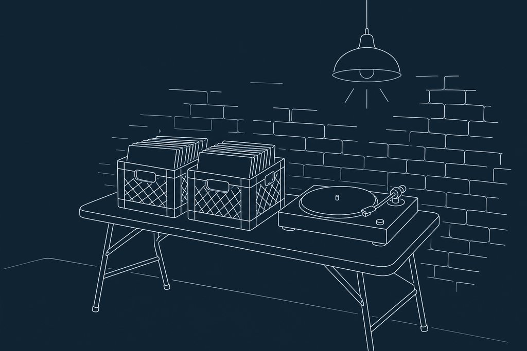 Line drawing of a stack of vinyl crates beside a turntable under a single hanging lamp