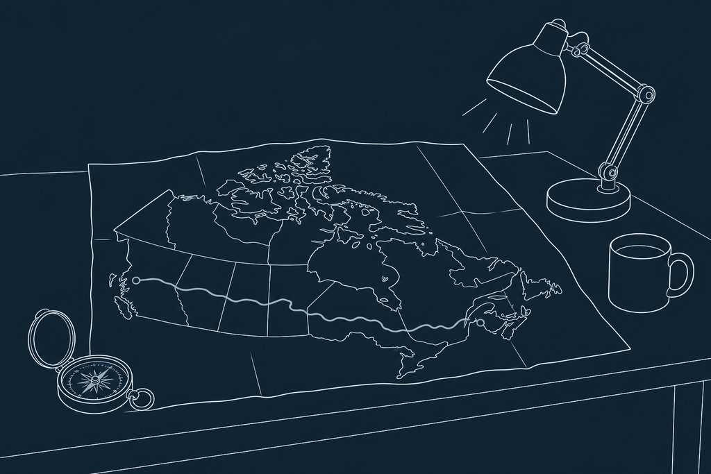 Line drawing of a large paper map of Canada on a table with one pencil line across it, a compass and a mug
