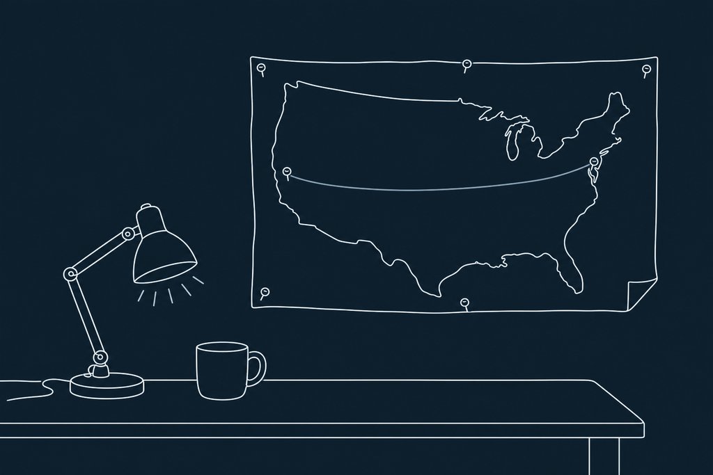 Line drawing of a folded route map pinned to a wall with string running between pins, a desk lamp and a mug