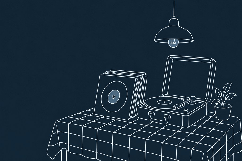 Line drawing of a stack of seven-inch records and a portable record player on a kitchen table