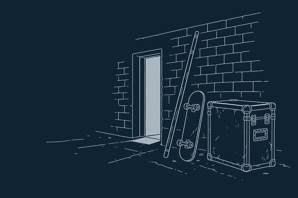 Line drawing of a long wooden pole leaning against a brick wall next to a skateboard and a road case
