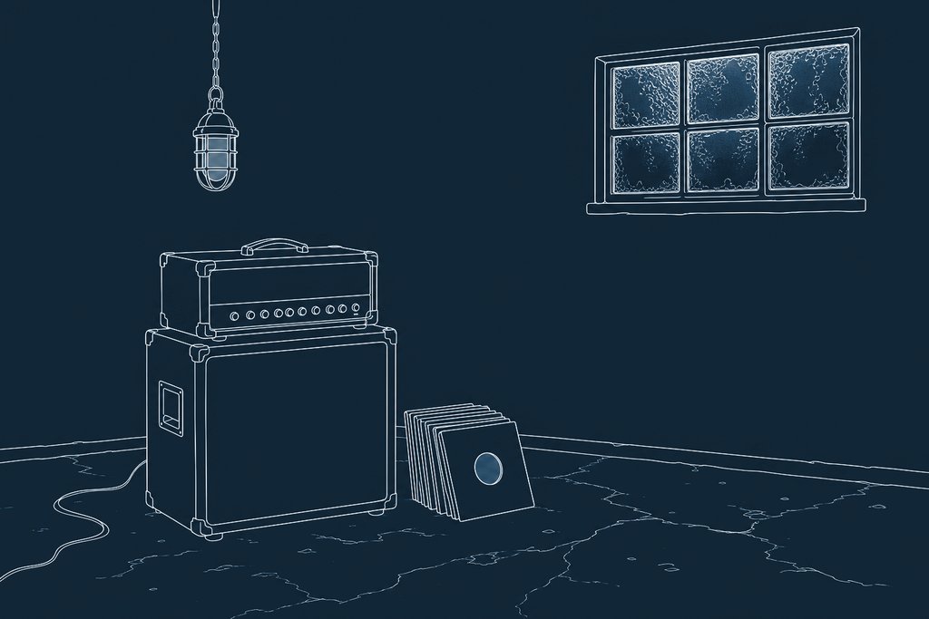 Line drawing of a rusted vinyl record sleeve leaning against a heavy amplifier head in an empty room