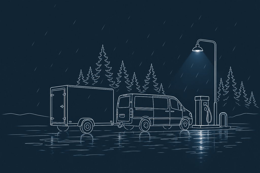 Line drawing of a cargo trailer hitched to a van beside a roadside fuel pump under a single lamp