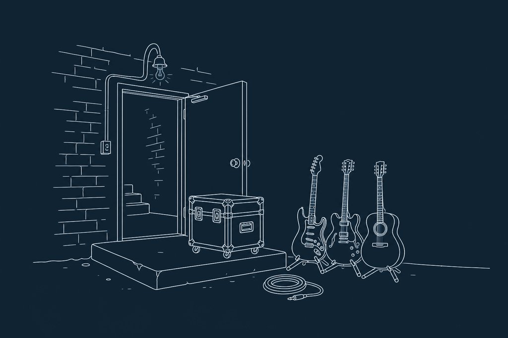 Line drawing of a rack of guitar stands and a rolled-up cable beside a club back door