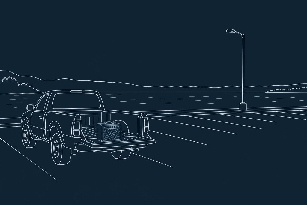 Line drawing of a pickup truck with its tailgate down holding a guitar amplifier in an empty parking lot beside a lake