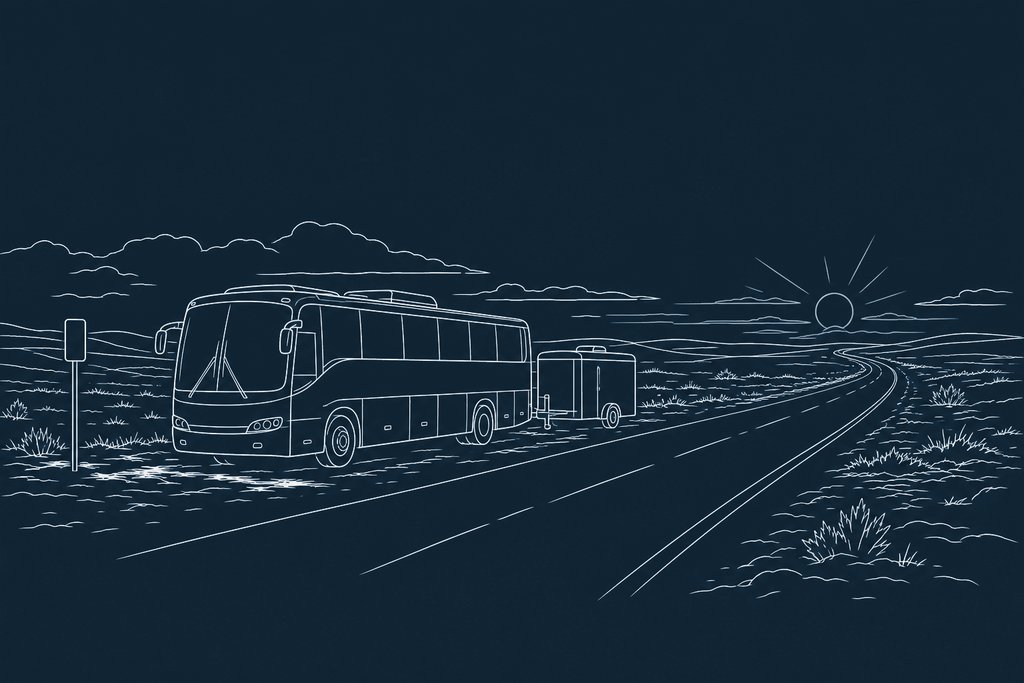 Line drawing of a tour bus parked on a snowy roadside with a trailer of amplifier cases behind it