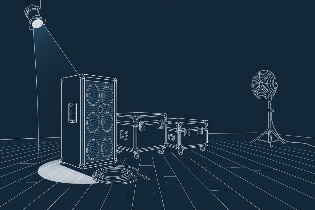 Line drawing of a tall speaker stack and a pair of flight cases on a bare club stage under one spotlight