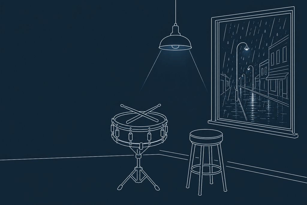 Line drawing of a snare drum with two sticks crossed on it in front of a rain-streaked window