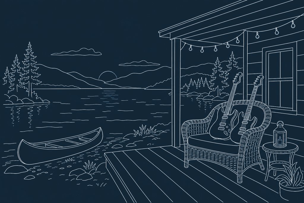 Line drawing of a lakeside cabin porch with two guitars on an armchair and a canoe on the shore