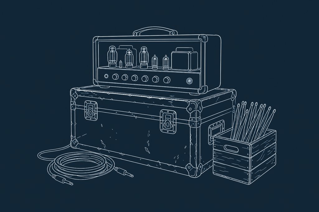 Line drawing of a tube amplifier head on a flight case with cables coiled at its base and a crate of drumsticks