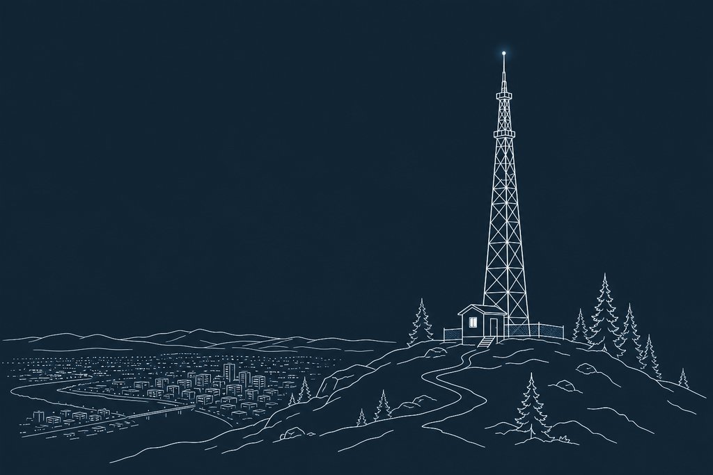Line drawing of a radio transmitter mast on a snowy hill above a small city at night