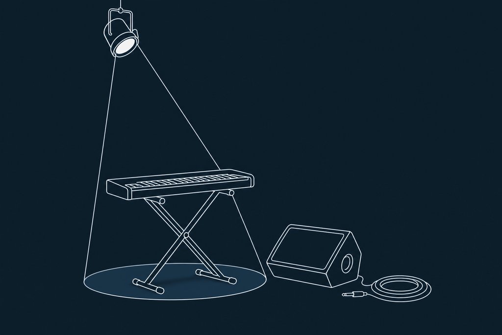 Line drawing of a keyboard on a folding stand beside a floor monitor under a single cone of stage light