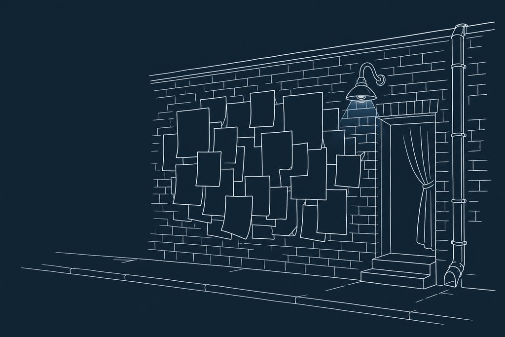 Line drawing of a wall of overlapping paper posters beside a club doorway, with no legible words