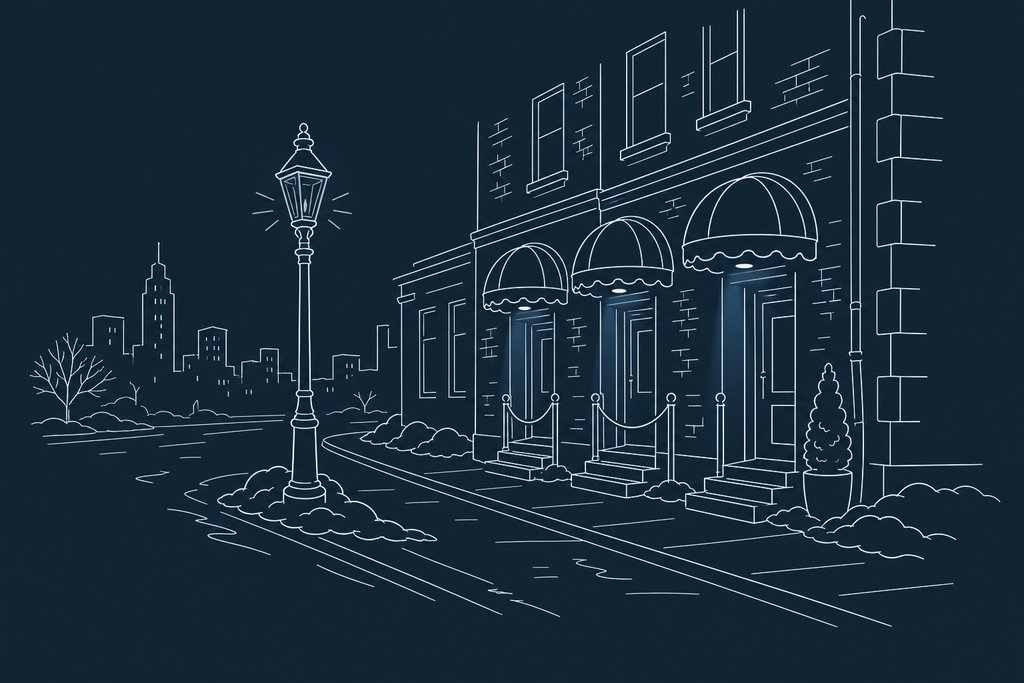 Line drawing of a narrow downtown street at night with three small club doorways under awnings, a lamp post and snowbanks