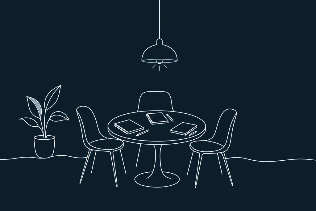Line drawing of a small round table with three empty chairs, notebooks and pencils and a hanging lamp